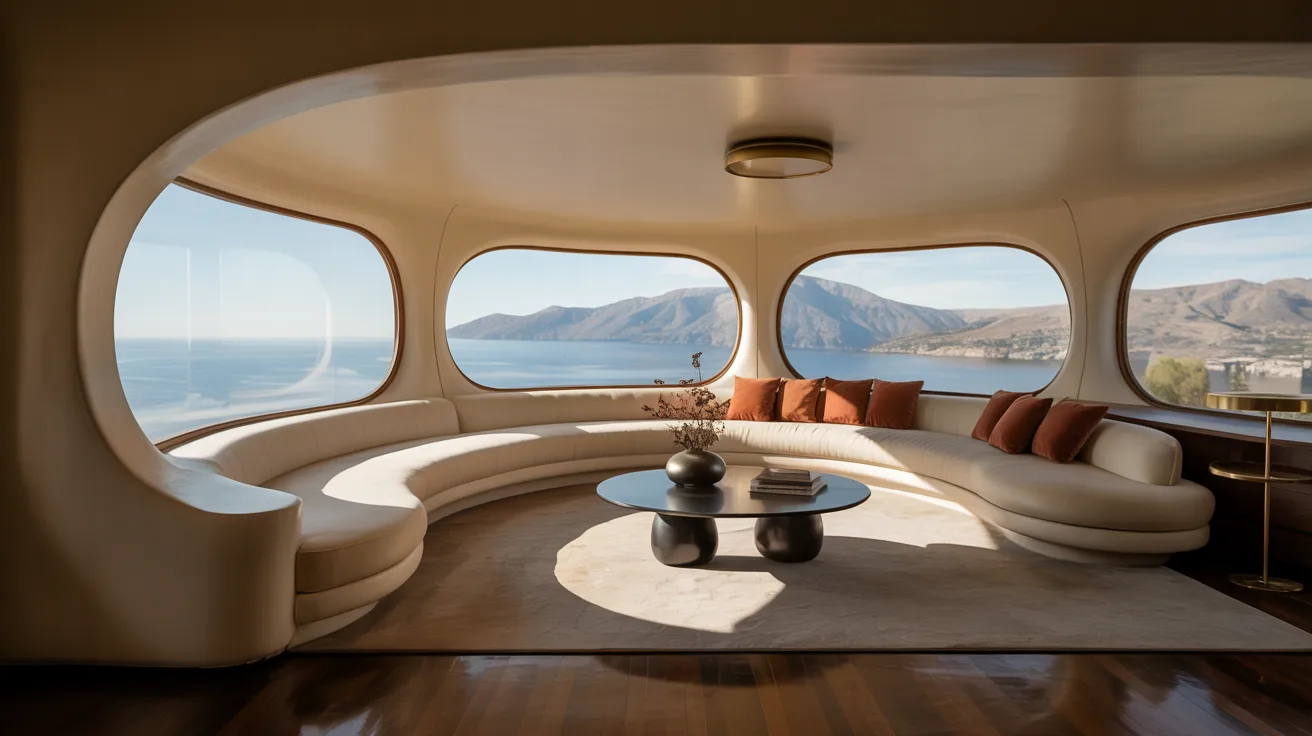 A living room featuring a circular couch and large windows showcasing a stunning ocean view.