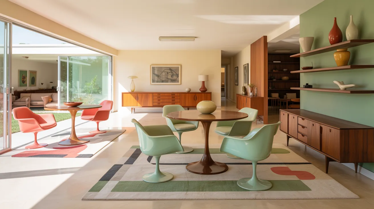 A cheerful living room with an array of colorful furniture and glass doors, enhancing natural light and openness.