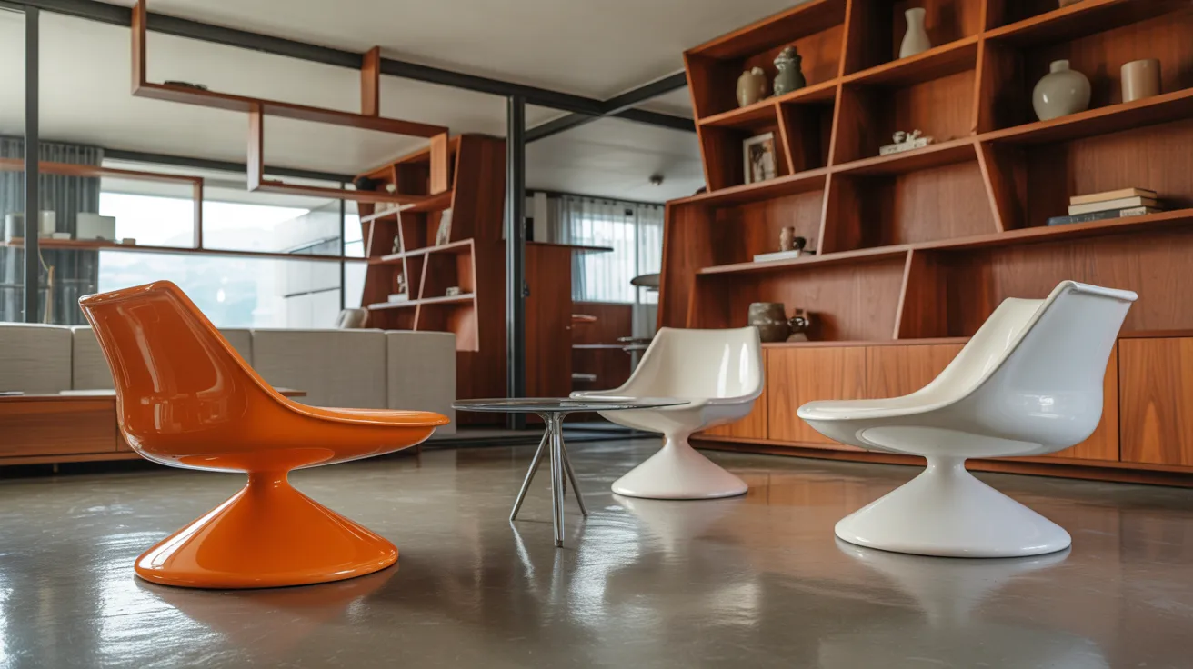 A modern living room featuring vibrant orange chairs and a stylish bookshelf filled with books.