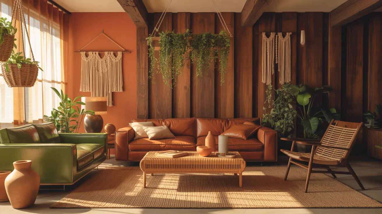 A cozy living room featuring vibrant orange walls and elegant wooden furniture.