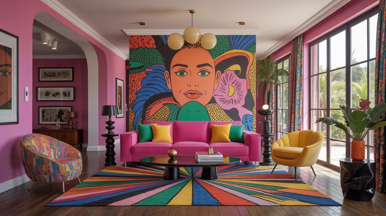  A vibrant living room featuring a colorful mural on the wall, enhancing the lively atmosphere of the space.
