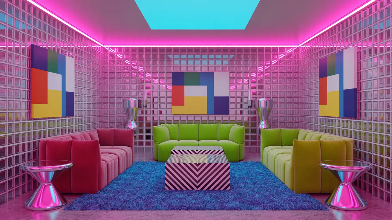 A vibrant room featuring a colorful couch, a table, and chairs arranged for a cozy gathering.