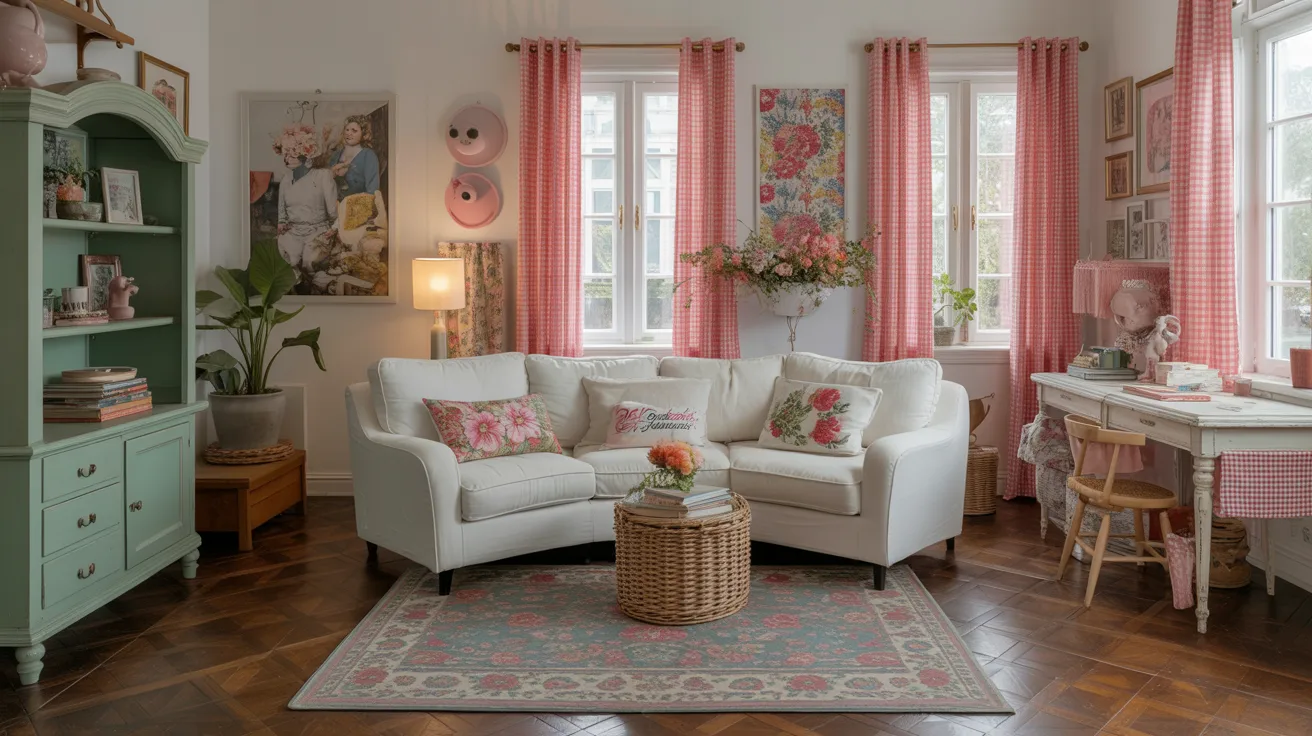 A living room featuring pink curtains and white furniture, creating a bright and inviting atmosphere.

