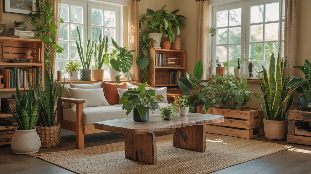 A cozy living room filled with various plants and stylish furniture, creating a vibrant and inviting atmosphere.
