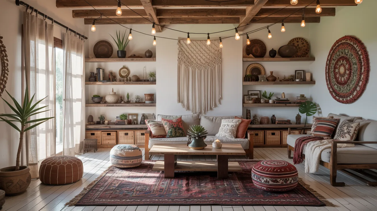 A cozy living room featuring a large rug surrounded by various pieces of furniture, creating a warm and inviting atmosphere.
