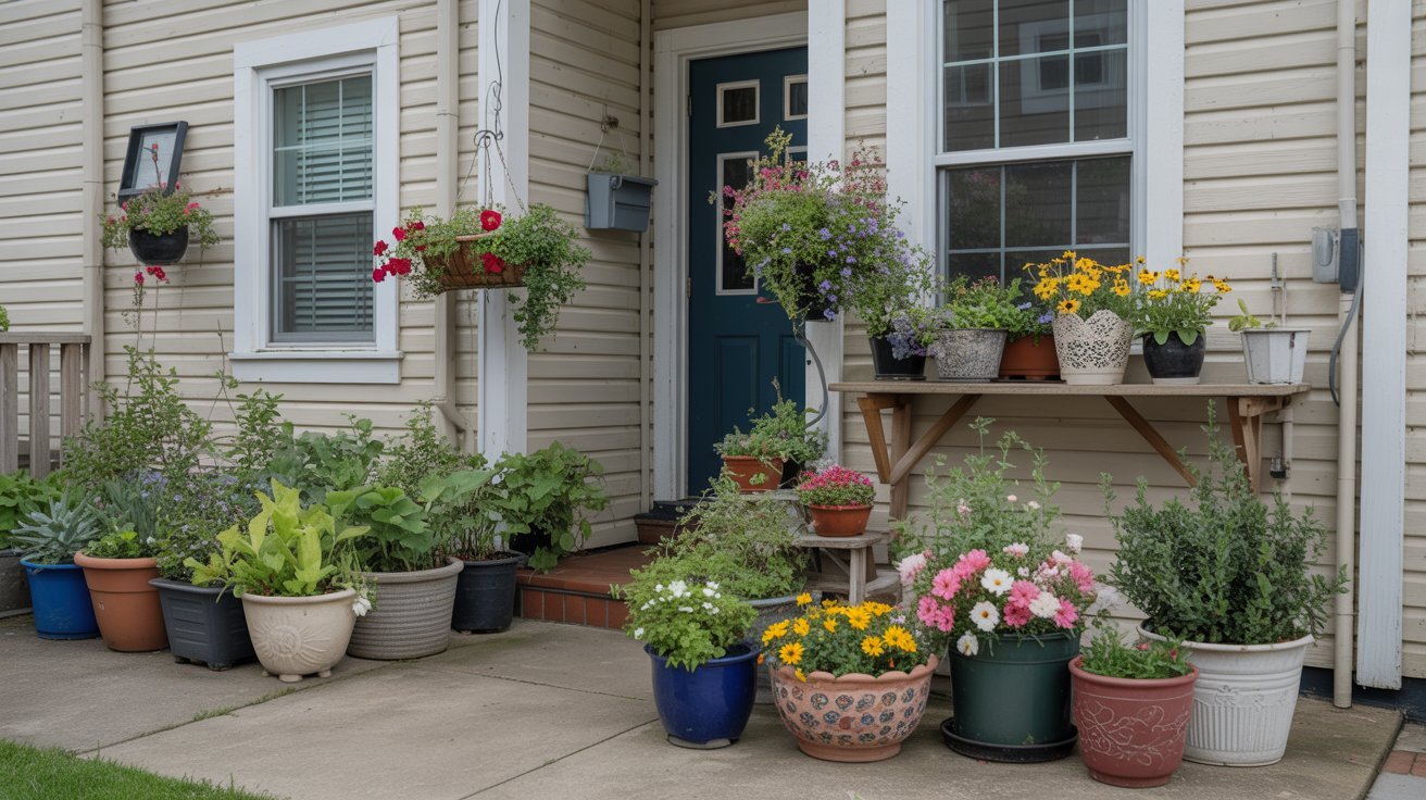 A front porch adorned with numerous colorful flower pots, creating a vibrant and inviting atmosphere.
