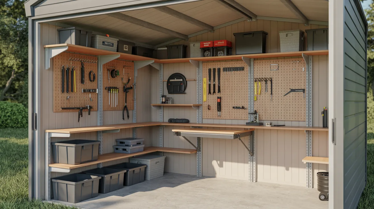 A shed interior filled with various tools and organized shelves for storage.