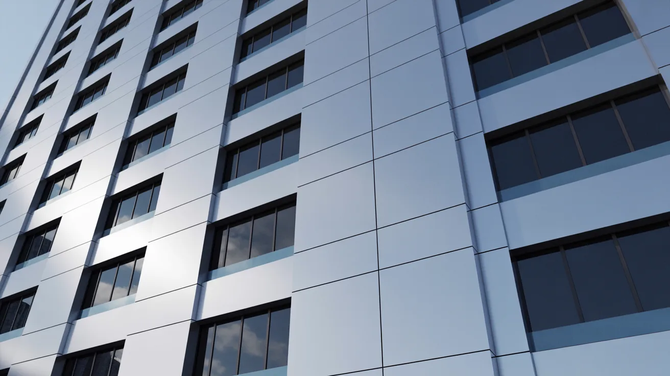 A multi-windowed building stands against a clear blue sky, showcasing its architectural design and urban setting.