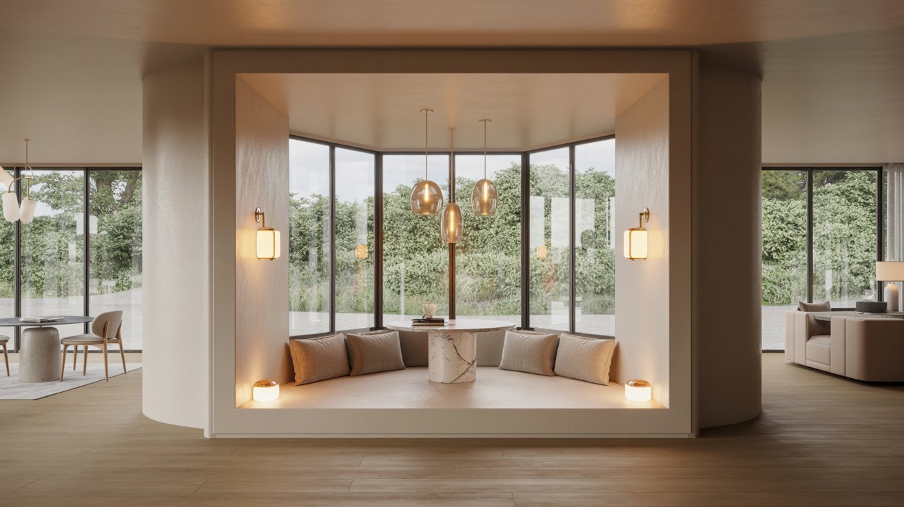 A cozy living room featuring a circular seating area centered around a warm fireplace.