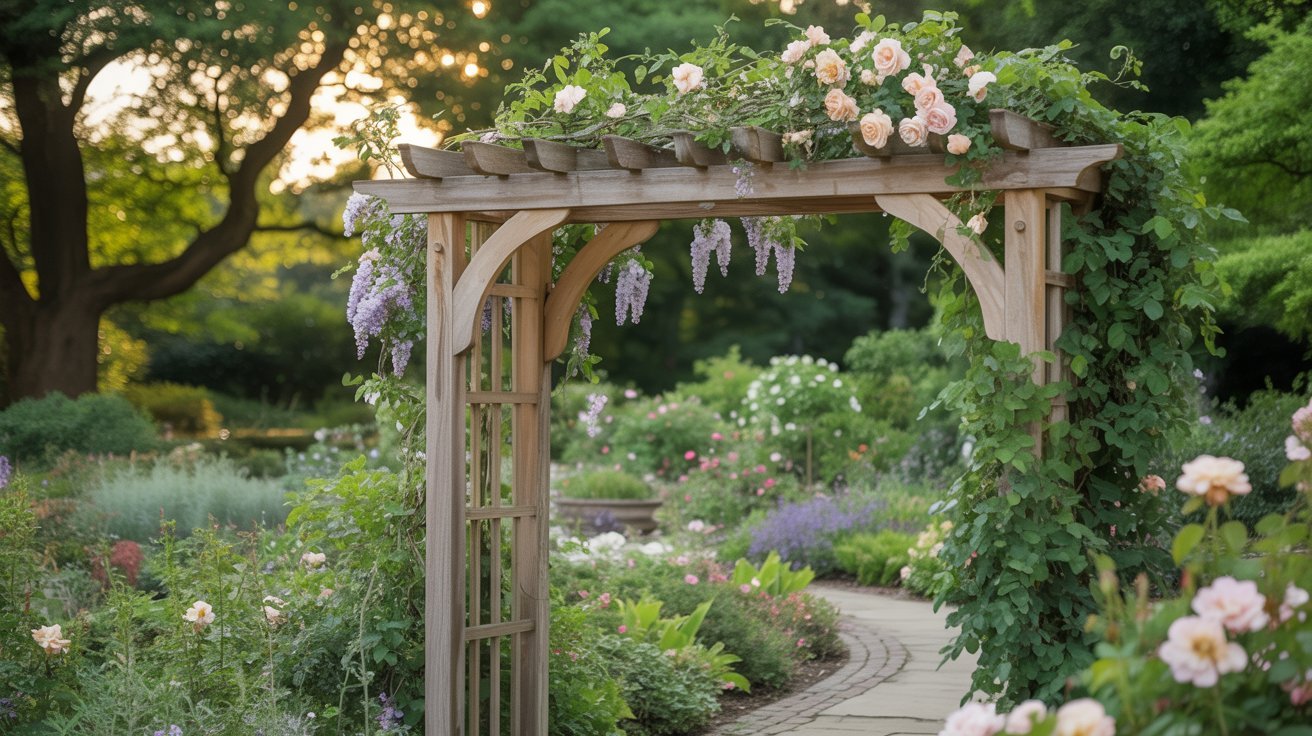 A wooden arbor adorned with vibrant flowers climbing its structure, creating a natural and inviting garden entrance.