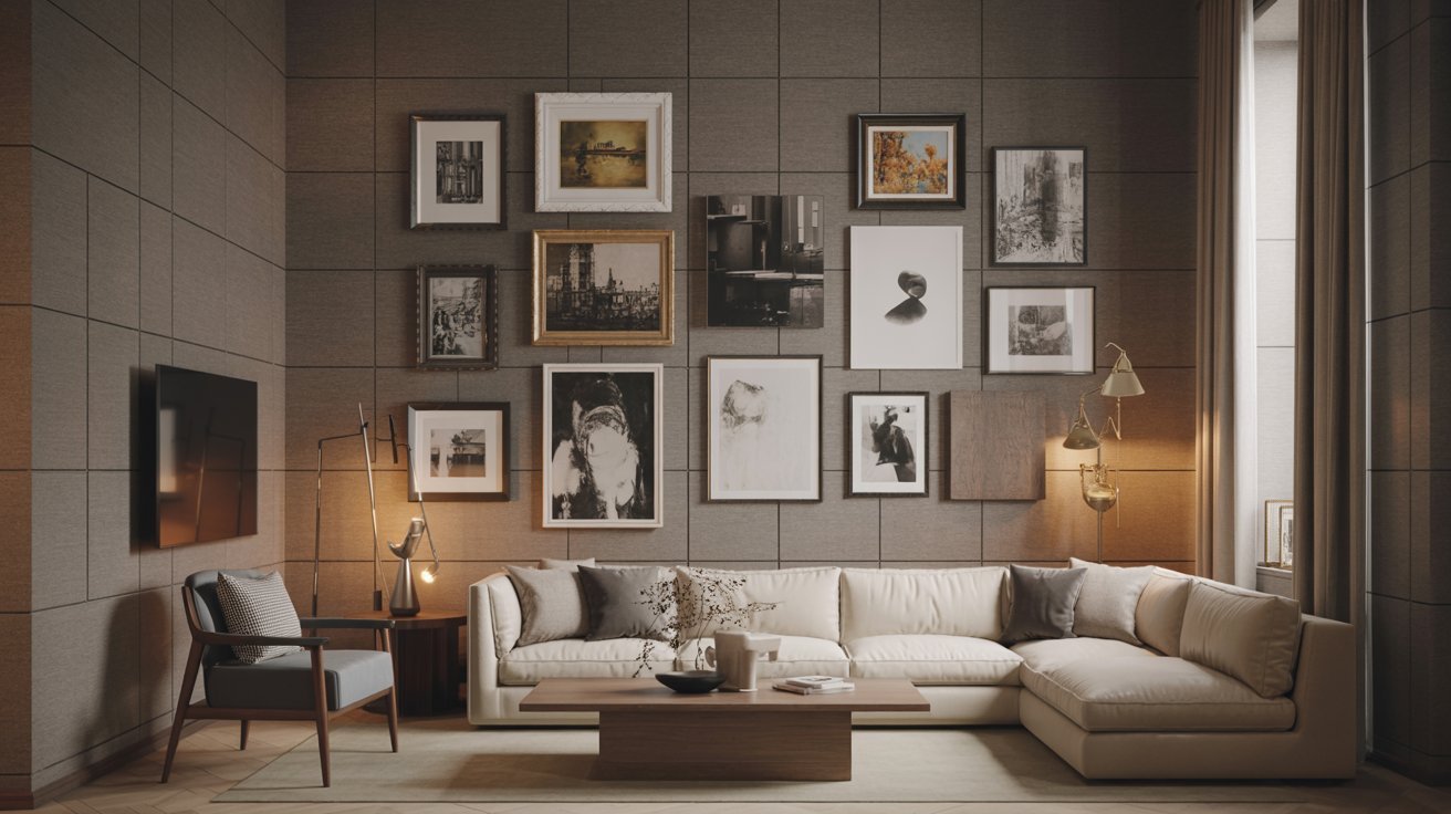 A cozy living room featuring a couch, coffee table, and framed pictures adorning the walls.
