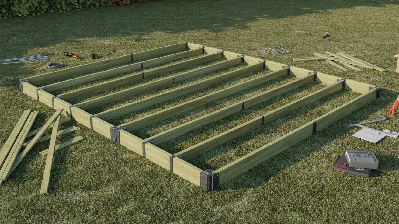 A collection of wooden boards arranged neatly on green grass.