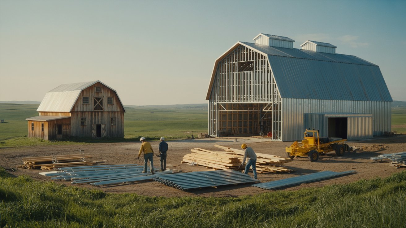 wo men stand in front of a barn and a large metal building, showcasing a rural setting with agricultural structures.