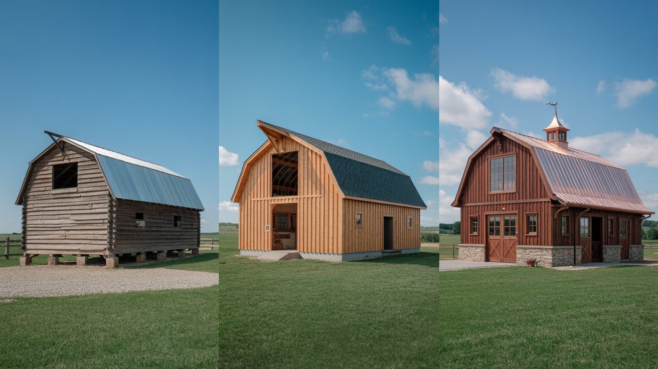 Four barns of varying colors and sizes, showcasing a rustic landscape with diverse architectural styles.