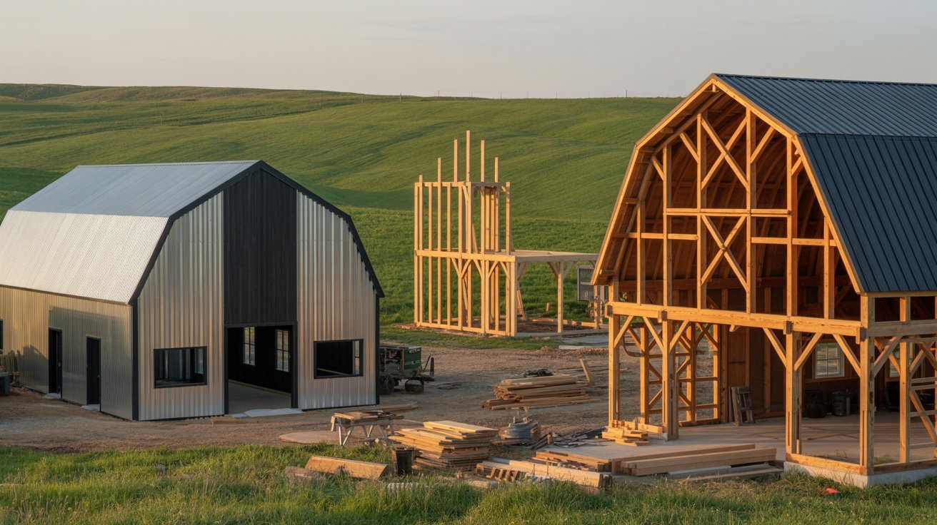 Two barns under construction in a grassy field, surrounded by open space and distant trees.