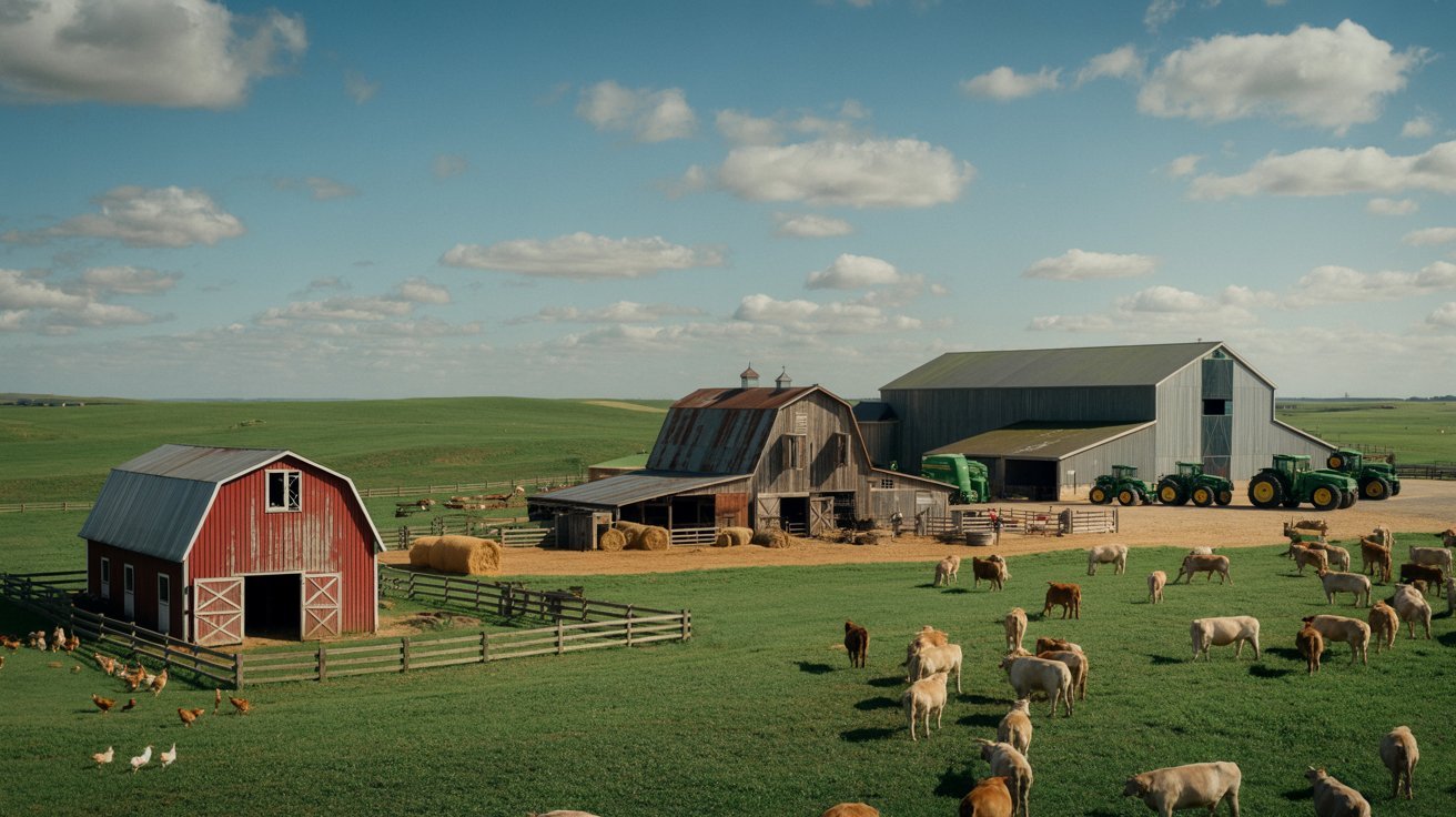 A scenic farm featuring several cows grazing near a traditional red barn under a clear blue sky.