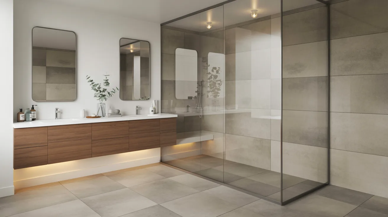 A sleek modern bathroom featuring a spacious glass shower and contemporary fixtures.