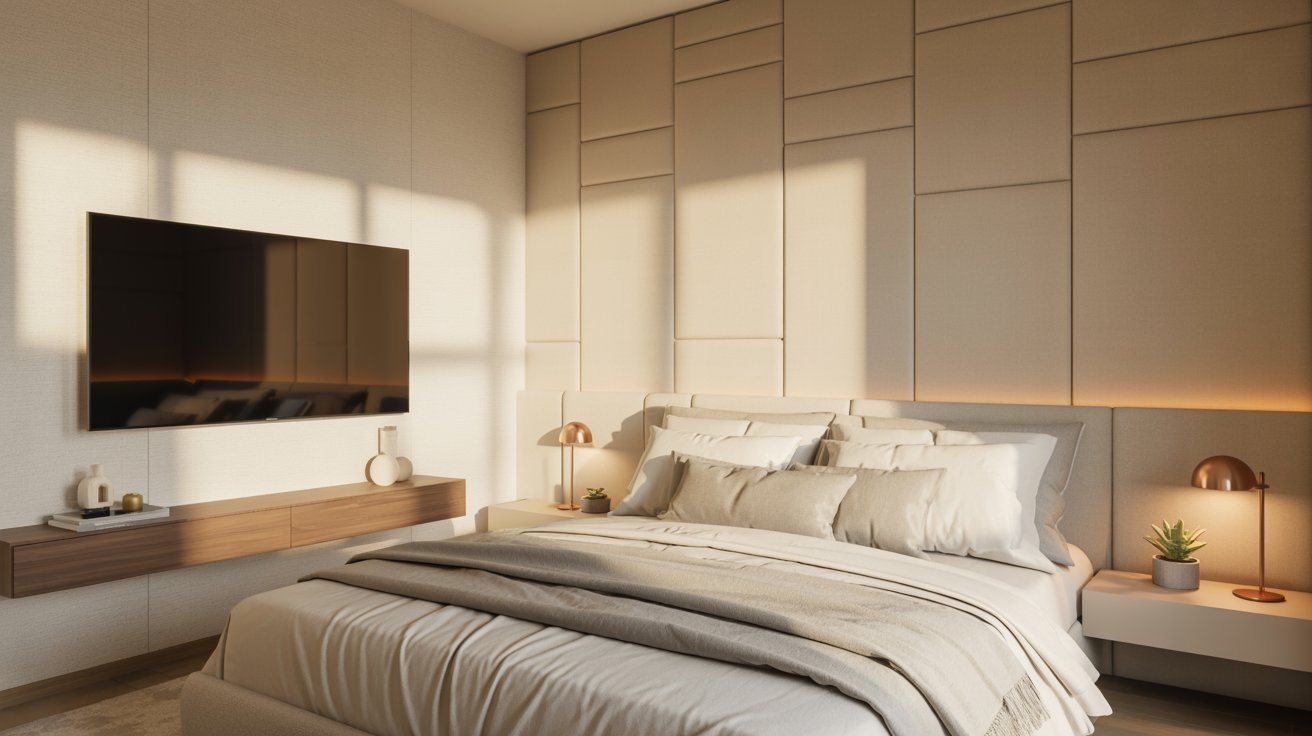 A modern bedroom featuring a large bed and a flat-screen television mounted on the wall.