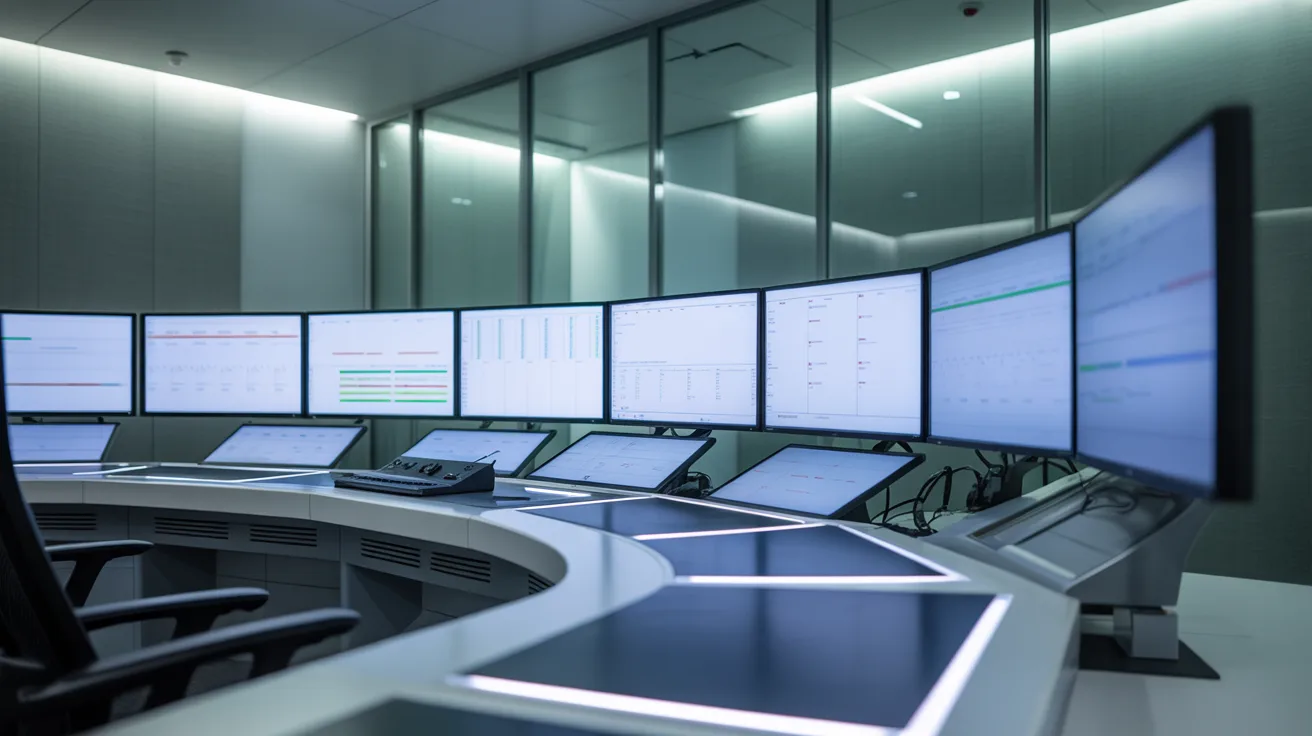 A spacious control room filled with multiple monitors displaying various data and information.