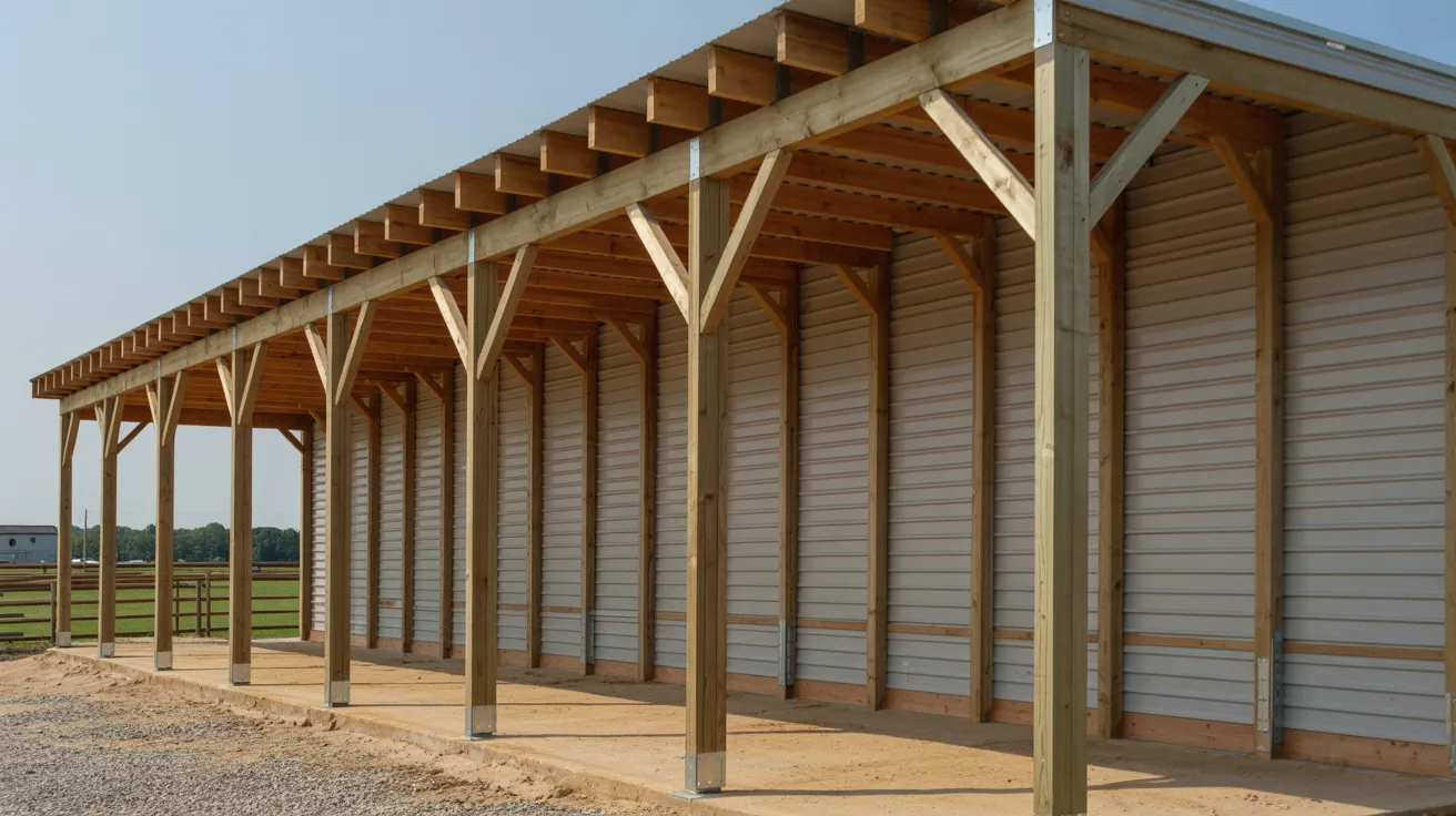 A rustic barn featuring a covered porch and a sheltered walkway, surrounded by greenery.
