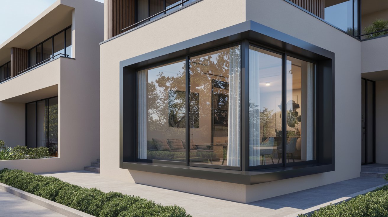 A modern house featuring large windows and a spacious patio, showcasing contemporary architectural design.