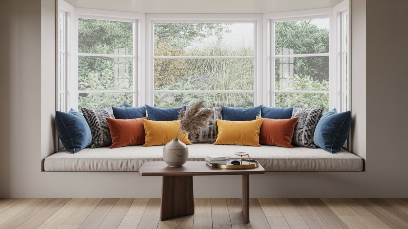 A cozy window seat adorned with colorful pillows and a small table, inviting relaxation and comfort.