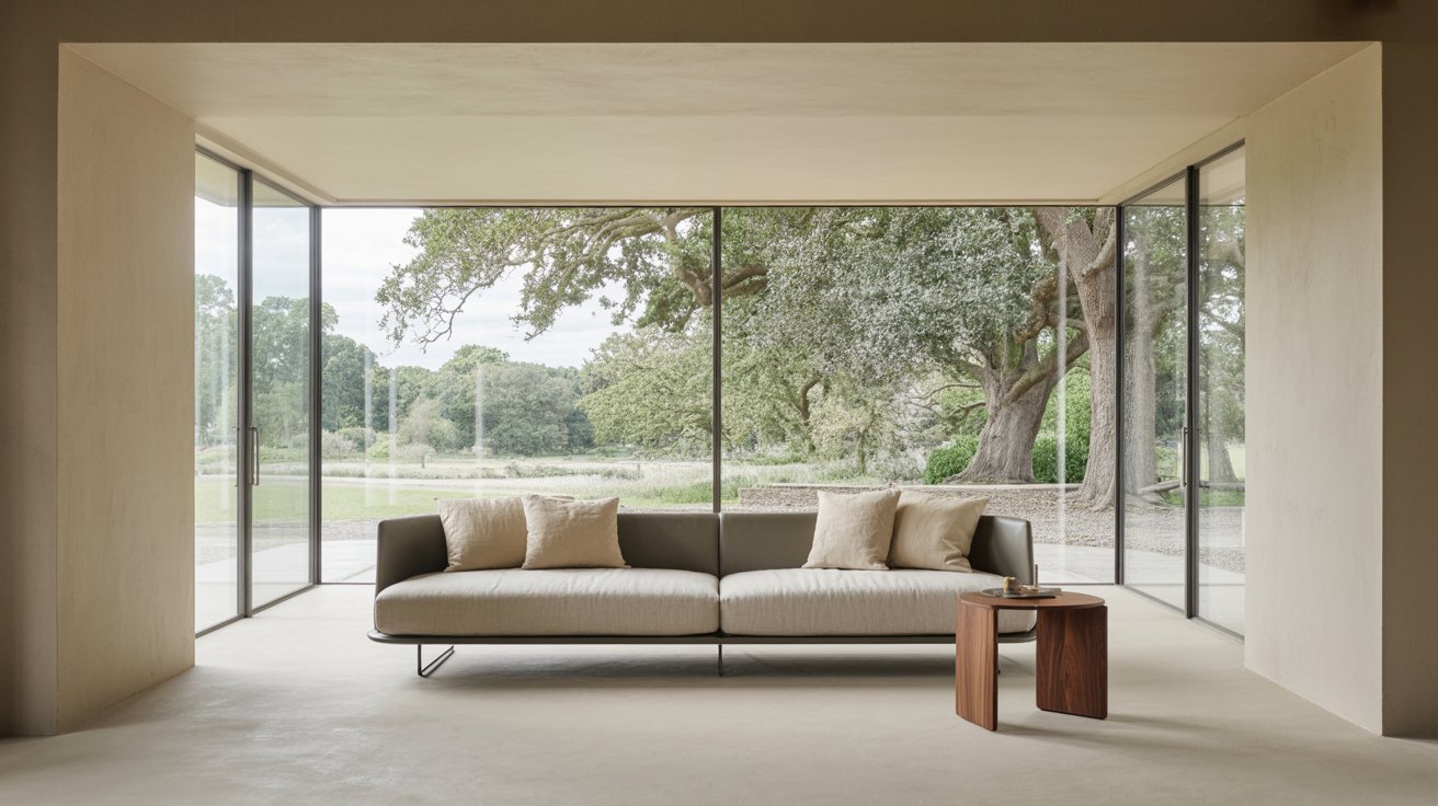  A cozy living room featuring a comfortable couch and a stylish table, creating a welcoming atmosphere.
