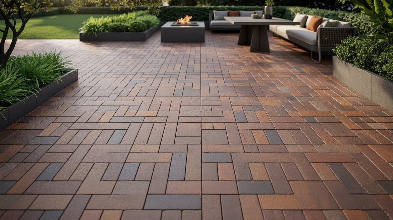 A brick patio featuring comfortable seating arrangements and a cozy fire pit for gatherings.
