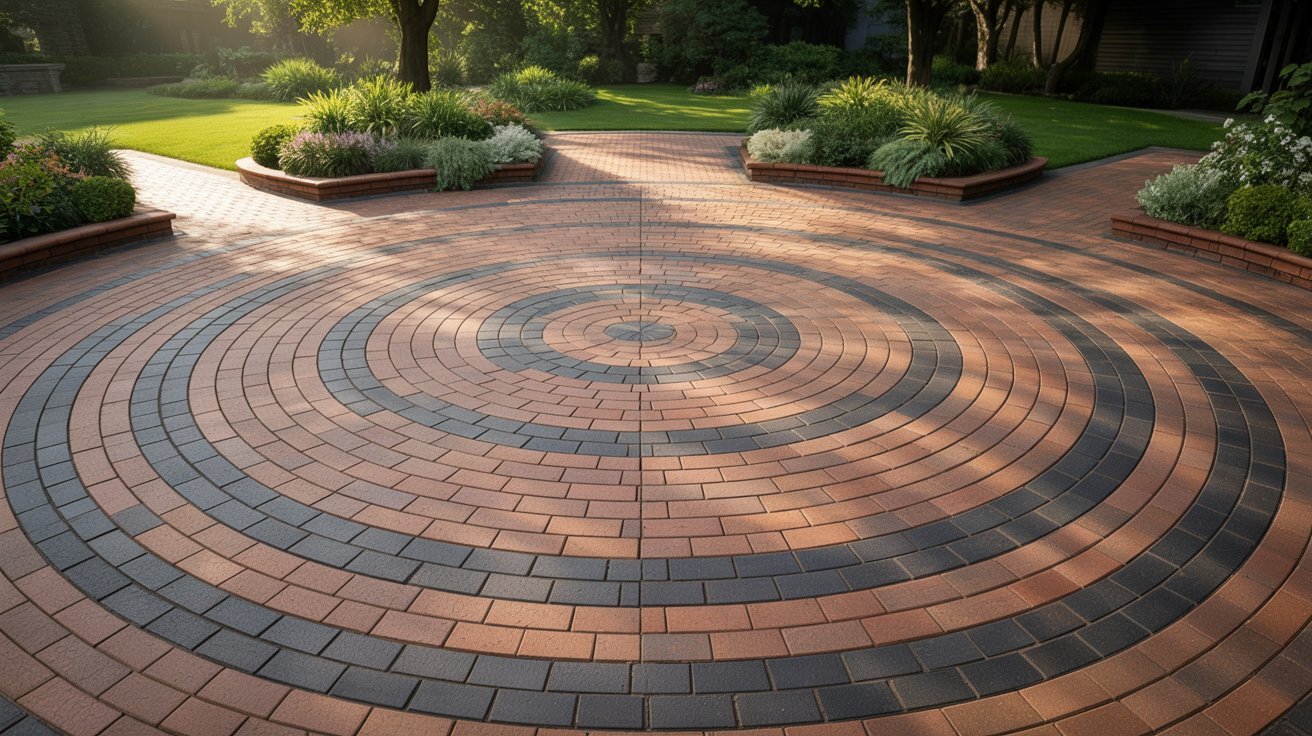 A circular brick patio featuring a distinct circular design, showcasing a well-maintained outdoor space.
