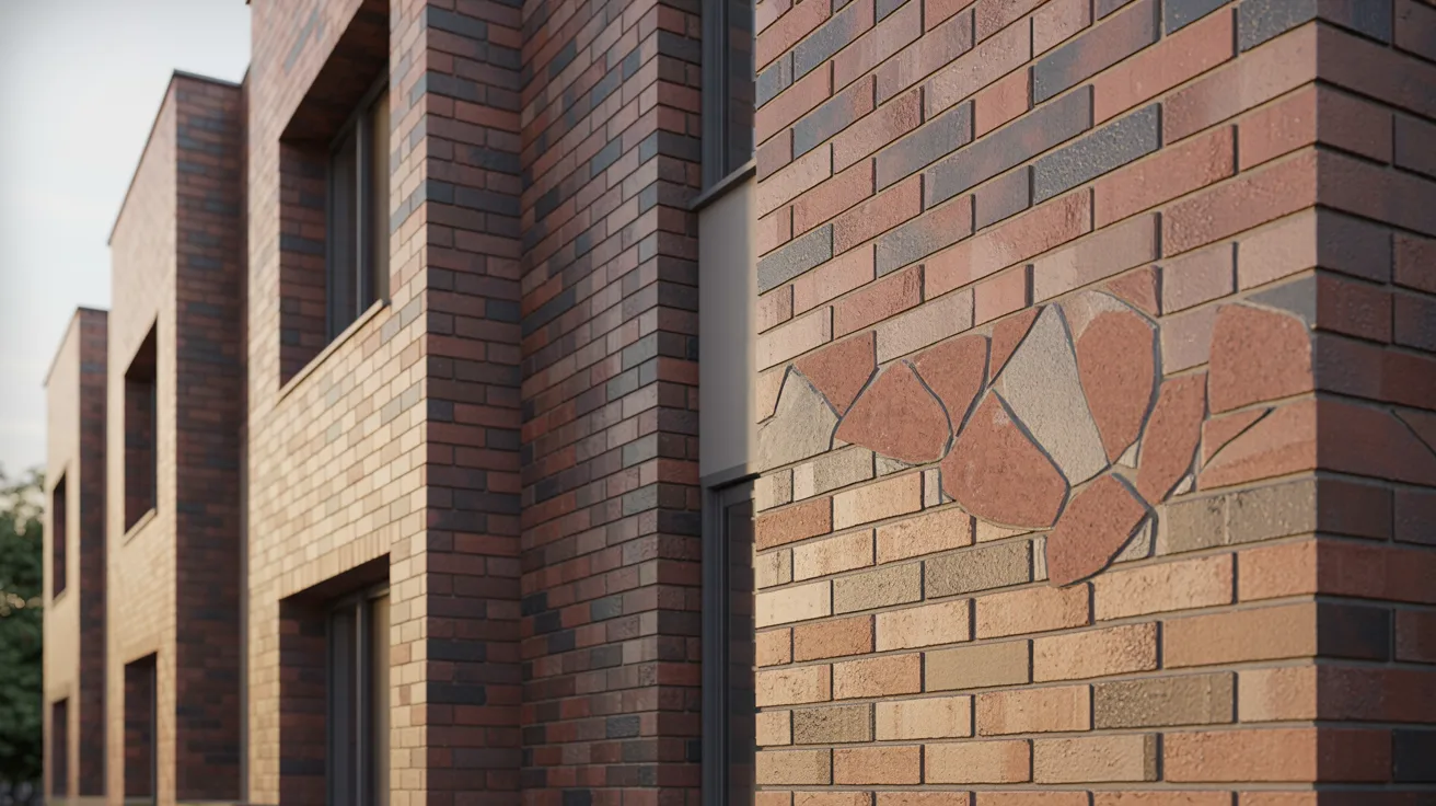 A brick building featuring a decorative design on its side, showcasing architectural detail and texture.