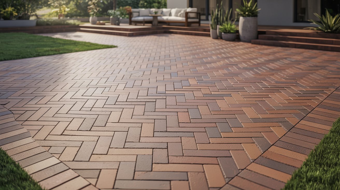 A brick patio featuring a classic herringbone pattern, showcasing intricate design and craftsmanship.