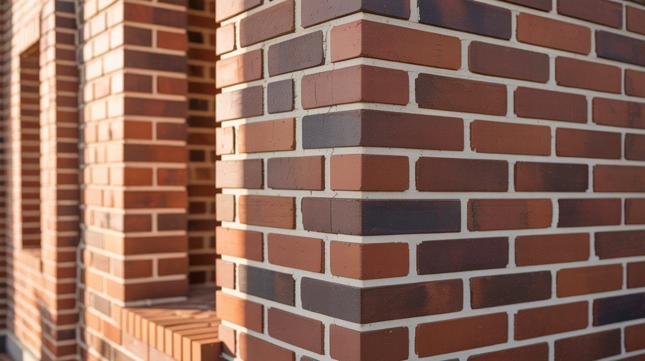 Close-up of a textured brick wall featuring a rectangular window framed in wood.