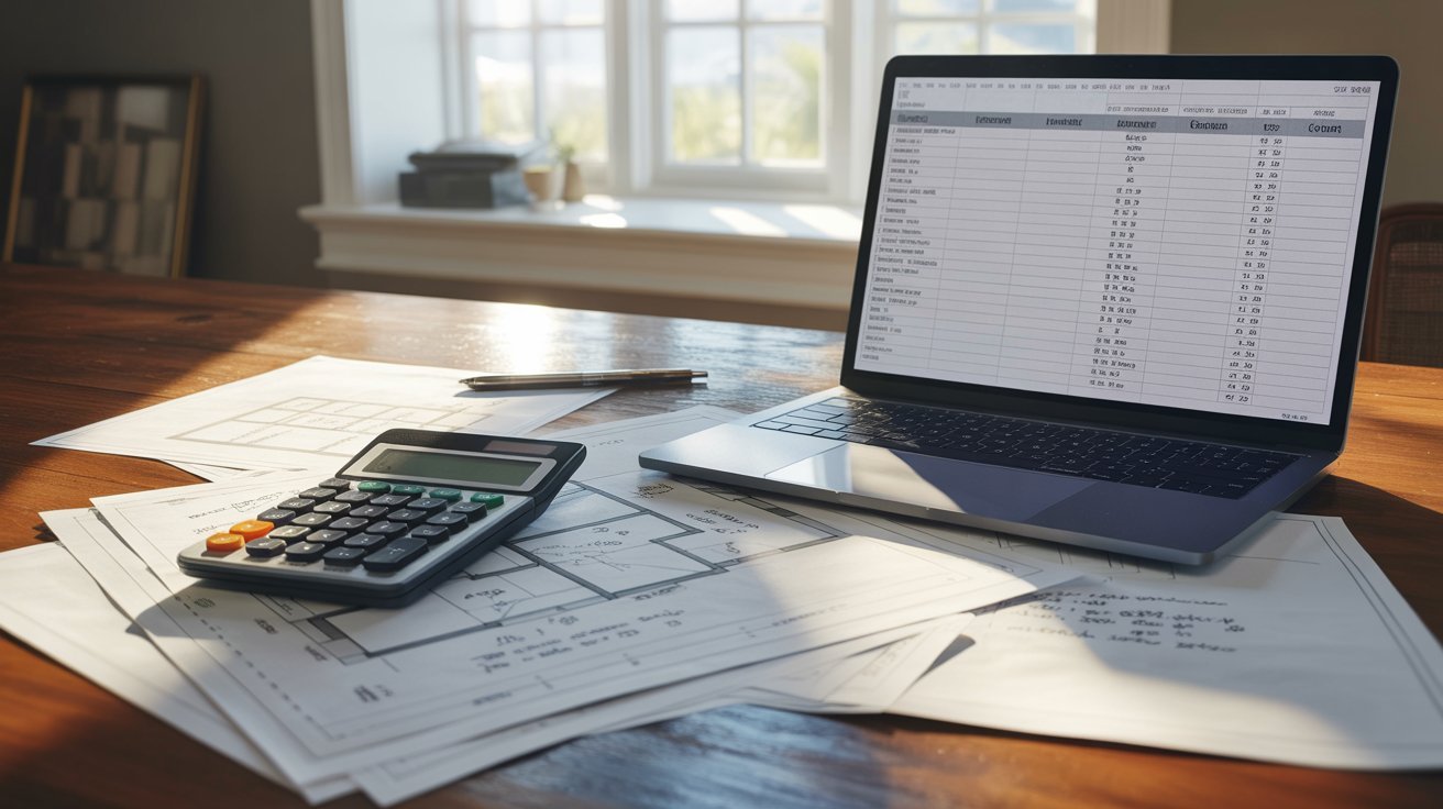 A laptop and calculator sit on a table alongside various construction documents, indicating a work environment.