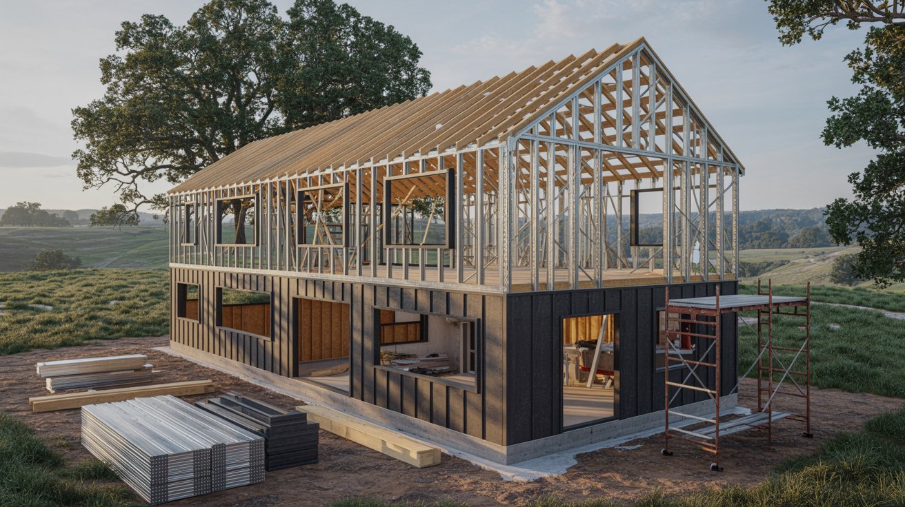 A construction site showing a house being built with visible steel framing and workers in hard hats.
