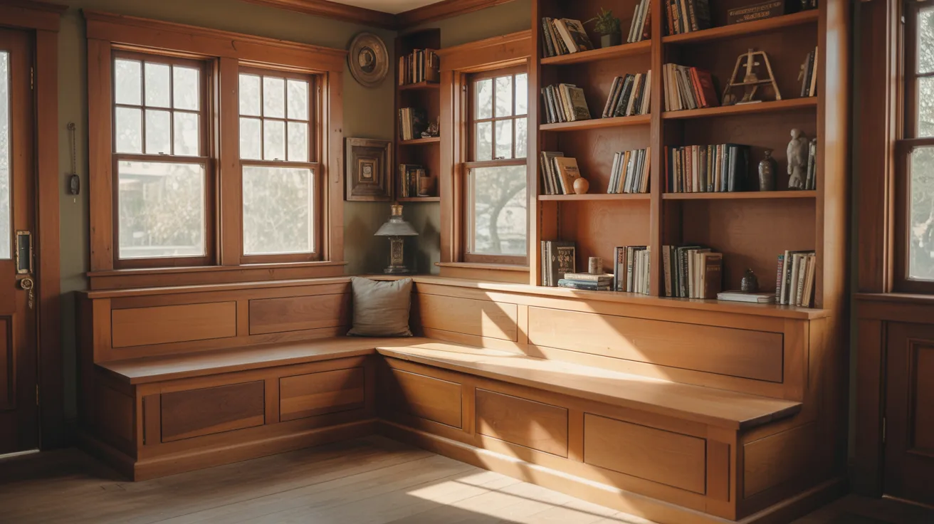  A wooden bench positioned in front of a window, surrounded by tall bookshelves filled with various books.