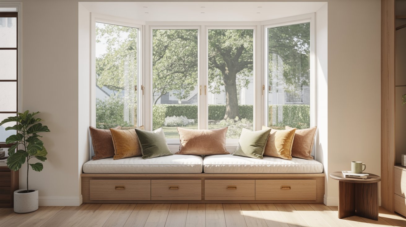 A cozy bay window featuring a wooden bench adorned with colorful pillows, inviting relaxation and natural light.