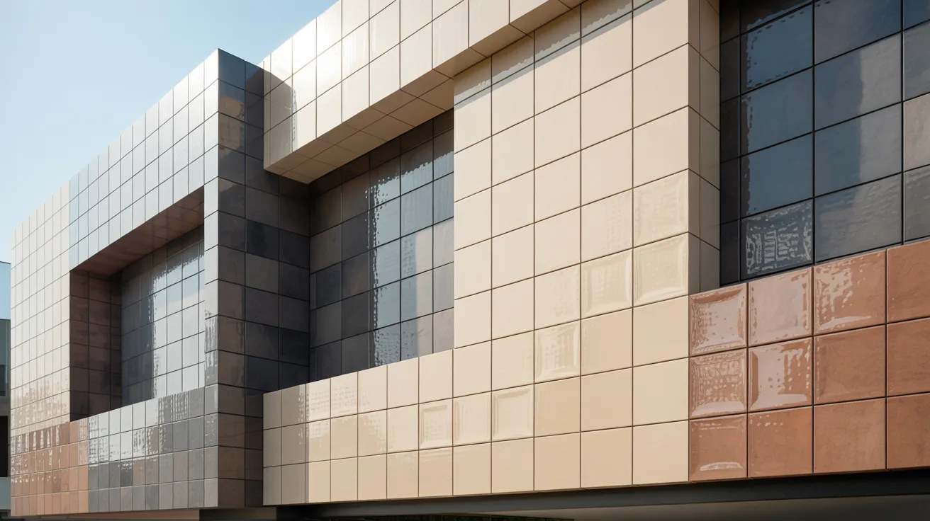 A building showcasing a large window and a distinctive brown and tan facade.