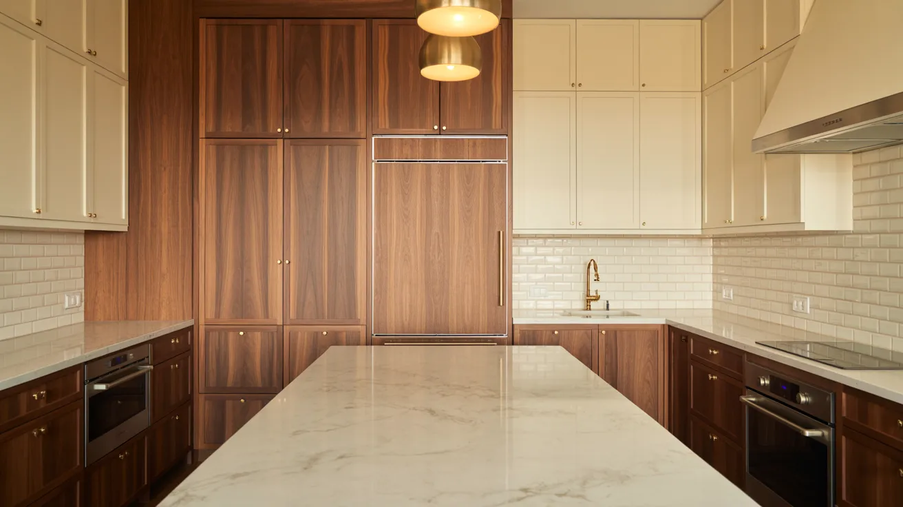 A modern kitchen featuring a sleek marble countertop and elegant wooden cabinets.