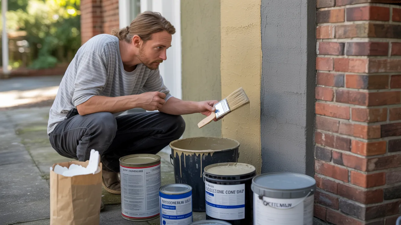 A man is painting a house using various paint cans, focused on applying color to the exterior walls.