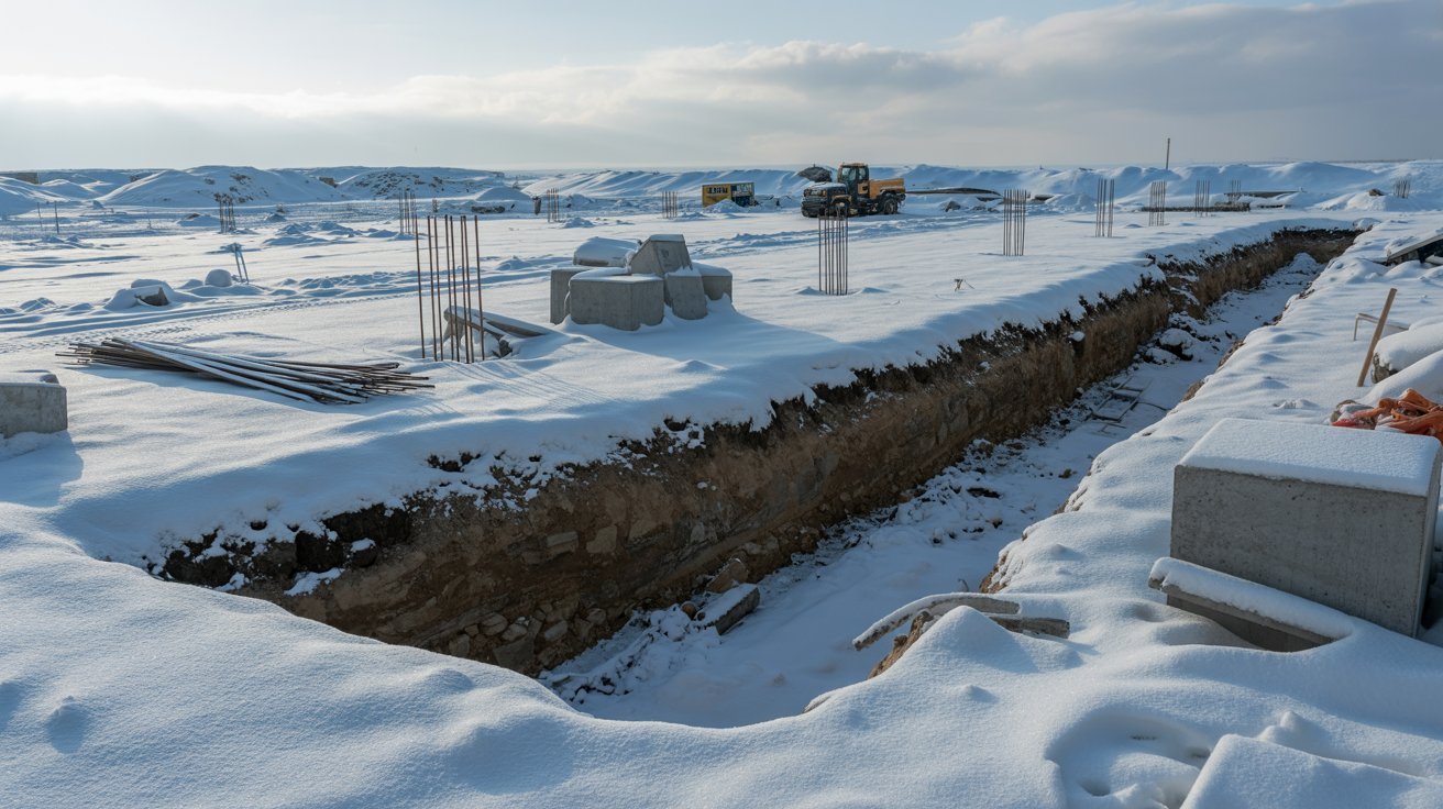  A construction site covered in snow, with equipment and materials visible against a winter landscape.
