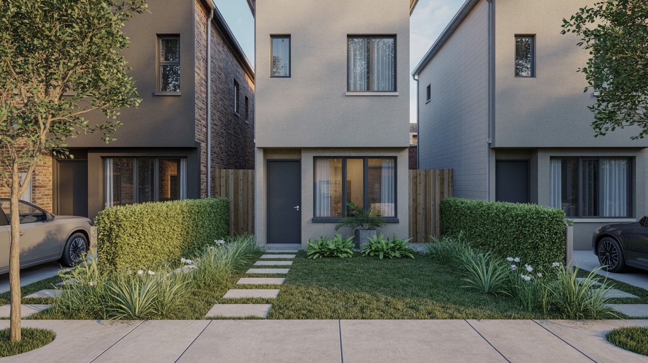  Illustration of a contemporary house with a driveway and a car parked outside.