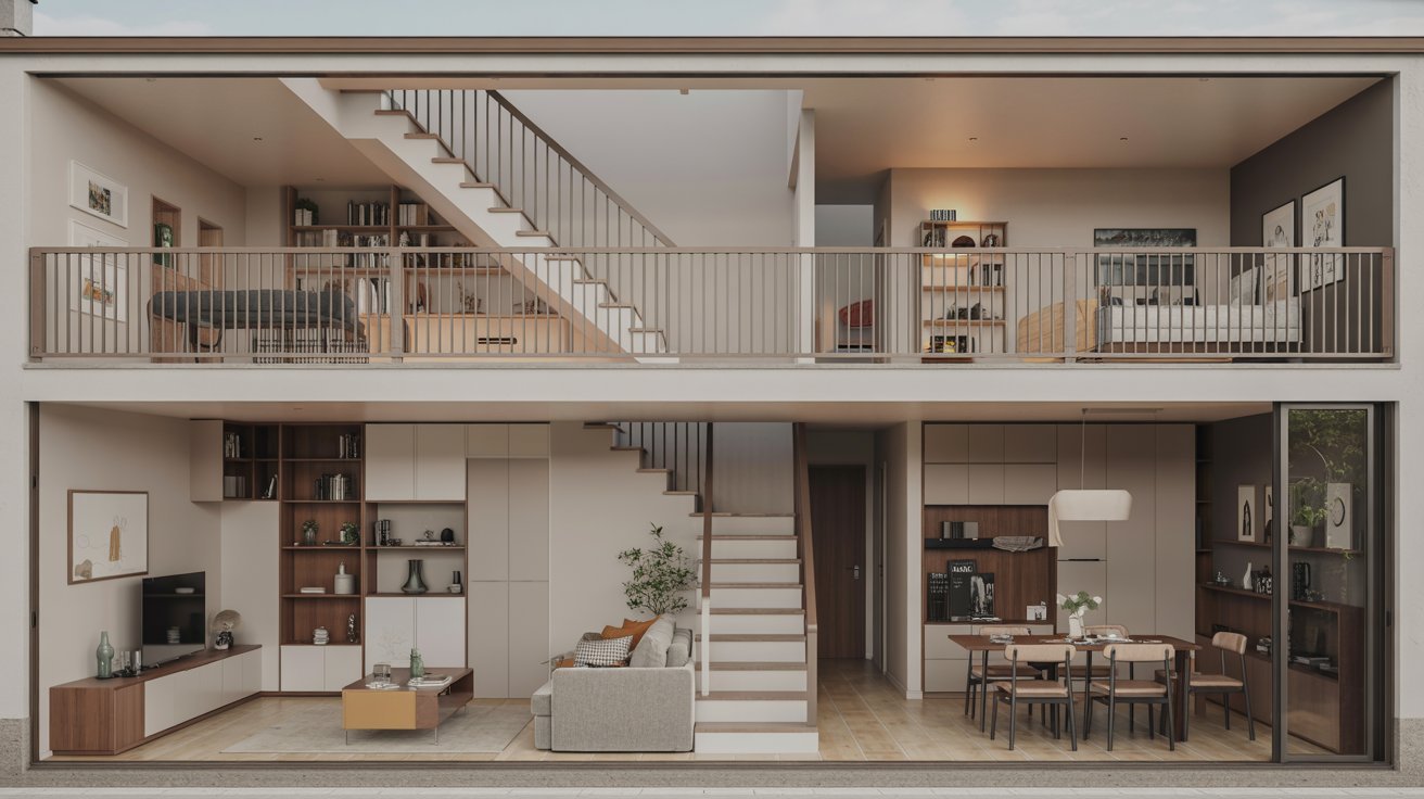 A modern house interior featuring a staircase leading to a spacious living room with contemporary furnishings.

