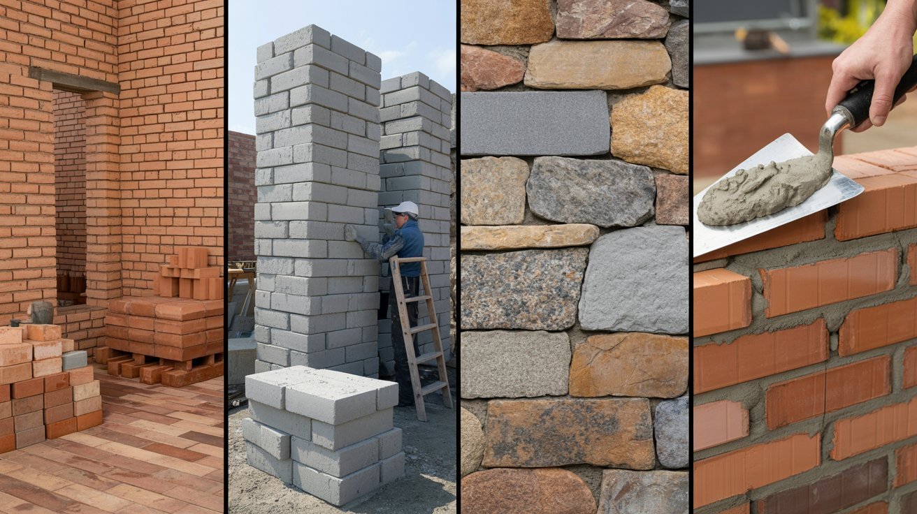 A collage showcasing various brick building materials in different colors and textures arranged artistically.s