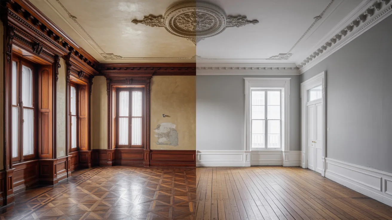 Before and after image of an empty room, showcasing a transformation in space and design.