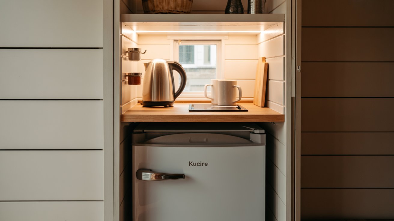 A small kitchen featuring a coffee maker and a microwave on the countertop.
