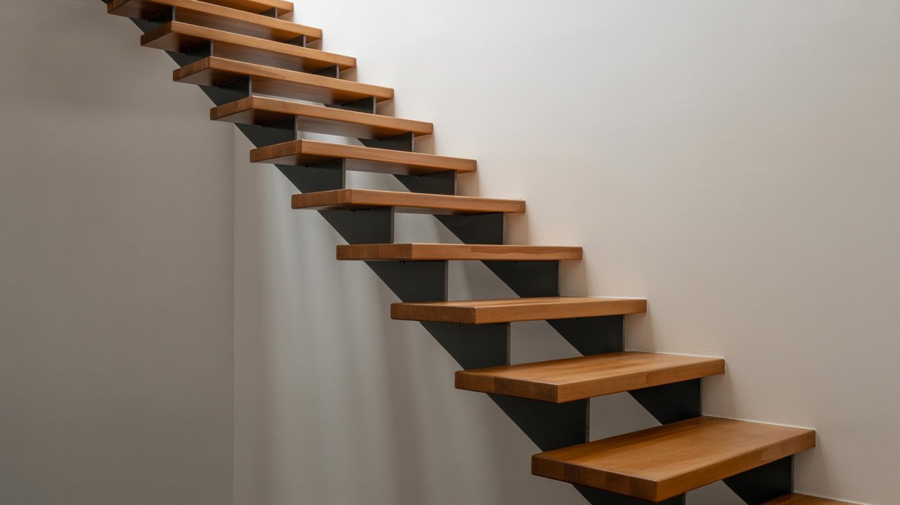 A wooden staircase featuring sleek black metal steps, showcasing a modern design and contrasting materials.