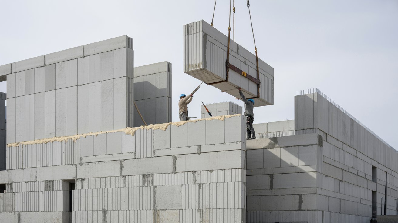 Construction workers pouring concrete while building a structure, wearing safety gear and focused on their tasks.