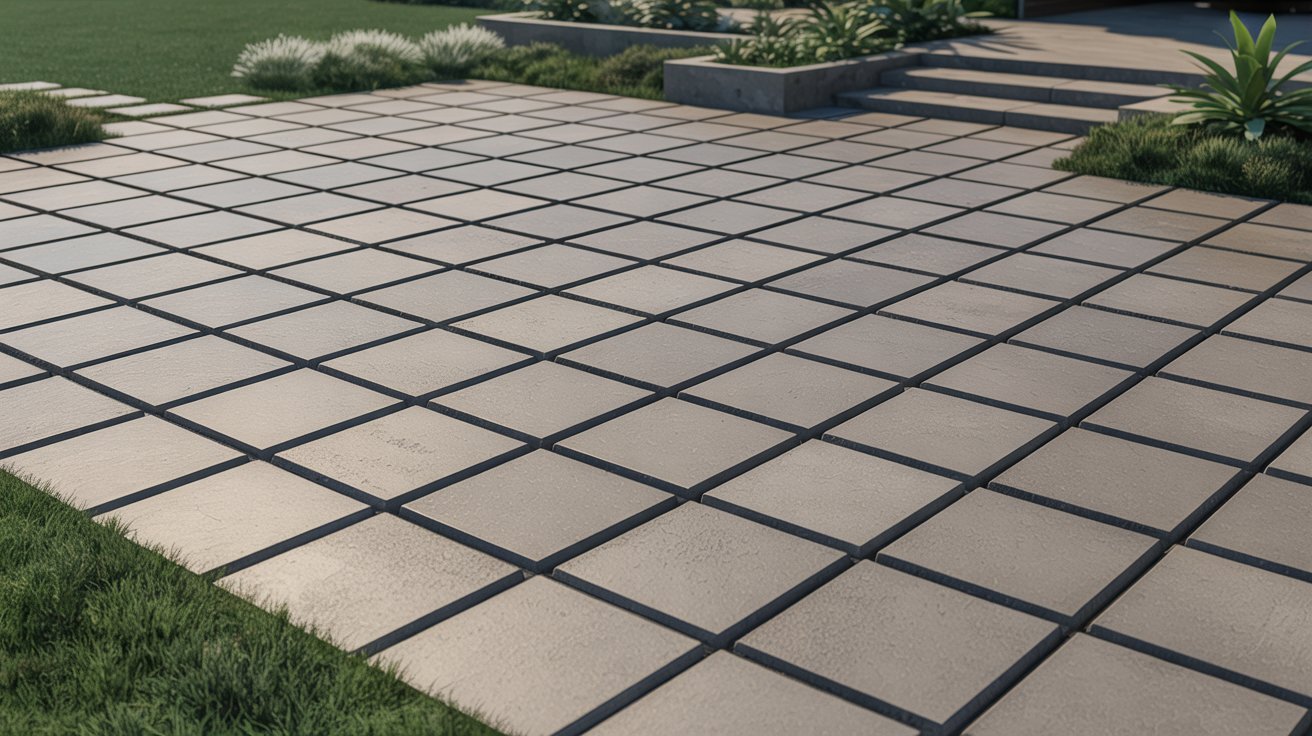 . A concrete patio surrounded by lush grass and various plants, creating a serene outdoor space.