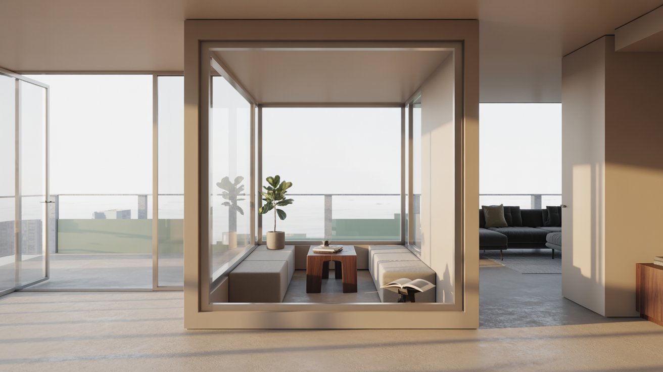 A spacious living room featuring a large window and a comfortable couch, inviting natural light into the space.
