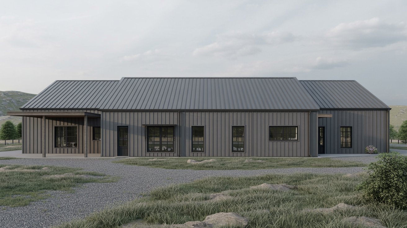 A modern home design featuring a sleek metal roof and contemporary architectural elements.